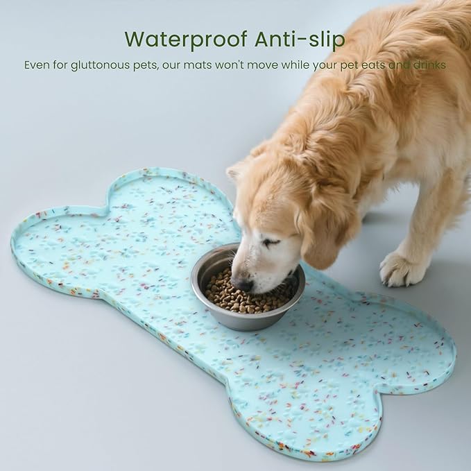 Dog Food Mat Anti-Slip Silicone Dog Bowl Mat Thicker Pet Placemat Waterproof Cat Feeder Pad with Raised Edge Puppy Kitten Feeding Mats Suitable Small Medium-Sized Dogs Cats Eating Tray