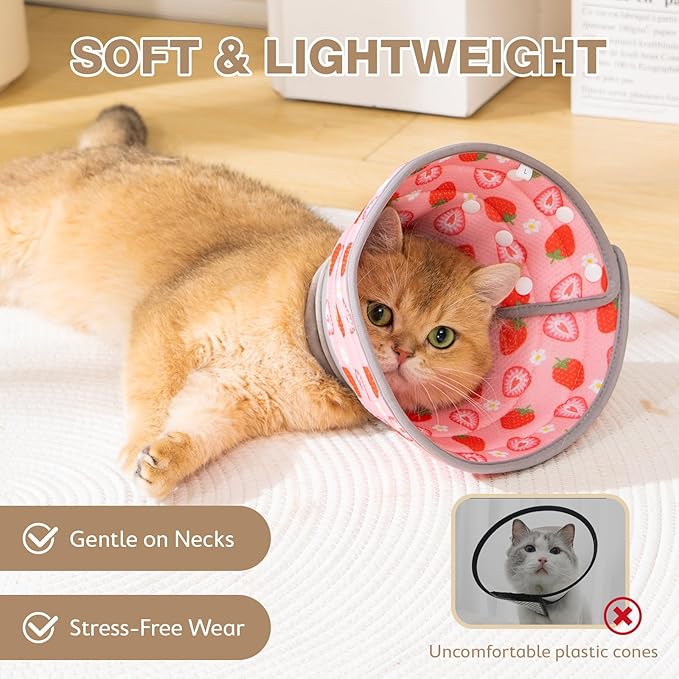 Avont Cat Cone Collar Soft to Stop Licking, Adjustable Foldable Lightweight Kitten Recovery Collar After Surgery for Small Dogs, Elizabeth Cone of Shame Alternative -Strawberry(L)