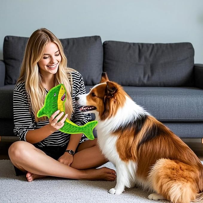 Squeaky Dog Toy No Stuffed Dog Toys,Green Shark Puppy Toys for Small Medium Large Breed pups Teething Interactive Toy to Keep Them Busy, Best Christmas Birthday Gift
