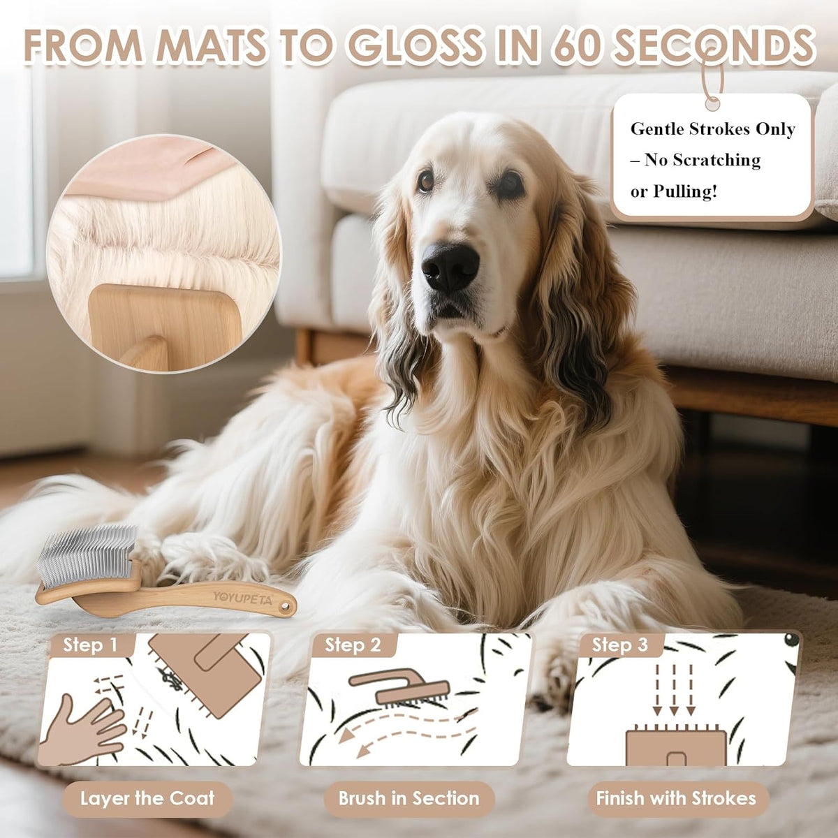Large Slicker Brush for Dogs - 3PC Pet Grooming Kit - Undercoat Rake & Stainless Comb | Long Pins Remove Mats on Poodles, Golden, Labradoodles | Thick Coat Deshedder for Dogs, Cats, Oak