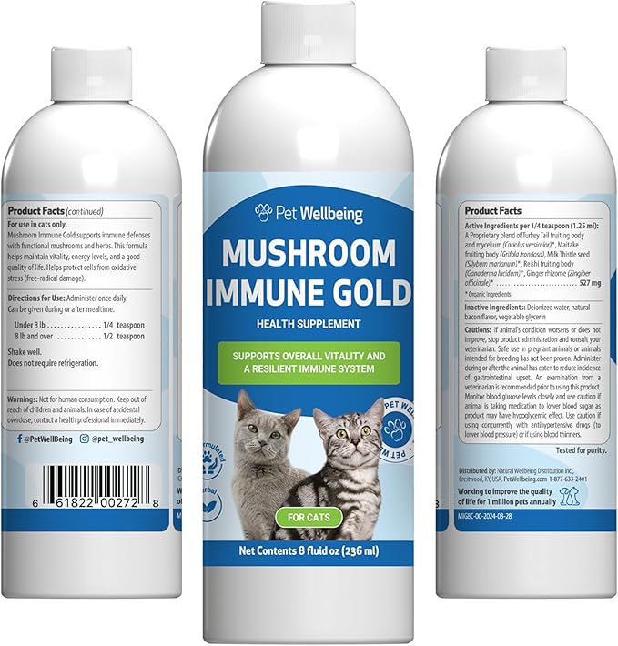 Pet Wellbeing Mushroom Immune Gold for Cats - Holistic Immune Support with Reishi, Maitake, Turkey Tail, and Milk Thistle - Veterinarian-Formulated Functional Mushroom Supplement 8 oz (237 ml)