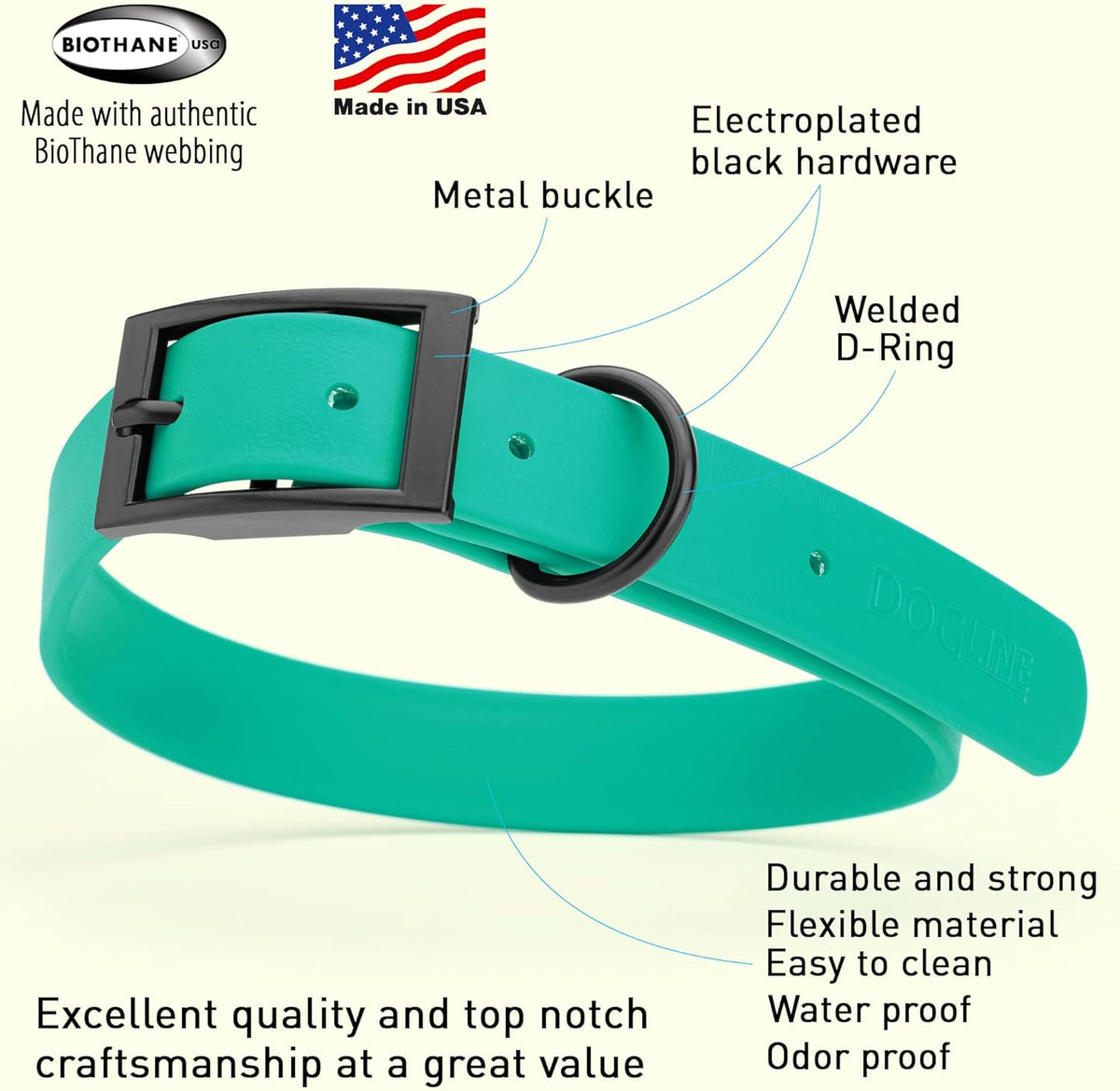 Dogline Biothane Waterproof Dog Collar Strong Coated Nylon Webbing with Black Hardware Odor- Proof for Easy Care Easy to Clean High Performance Fits Small Medium or Large Dogs, Teal