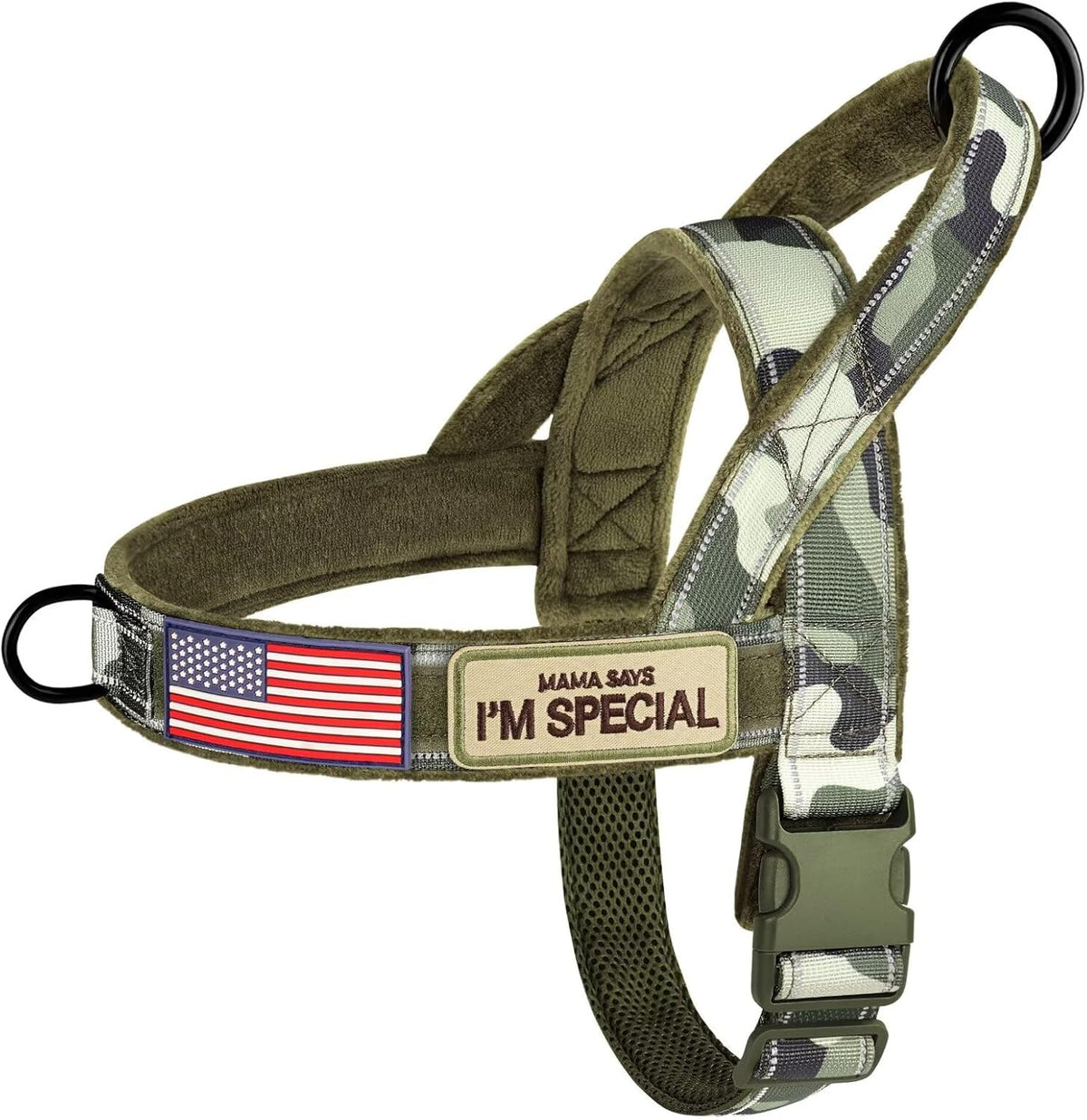Forestpaw No Pull Dog Harness - Soft Flannel Padded Tactical Dog Vest Harness with Quick Release Buckle, Adjustable Reflective Pet Harness for Medium Dogs Walking Training,Green Camouflage M