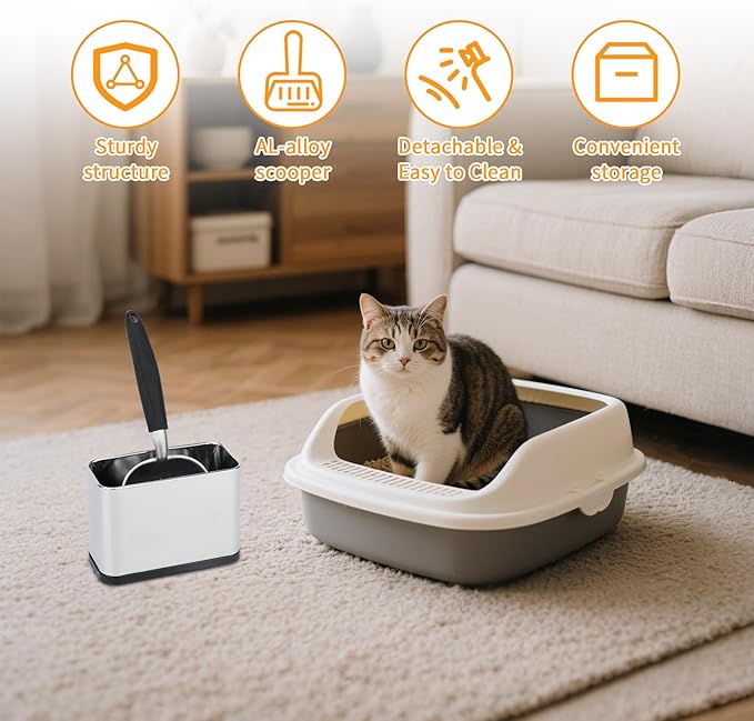Heavy-Duty Cat Litter Scoop with Holder, Metal Cat Scooper Holder Trash Container, Aluminum Kitty Poop Sifting Shovel Captures All Clumps, Speed Sifter Litter Box Scooper with Cats Caddy