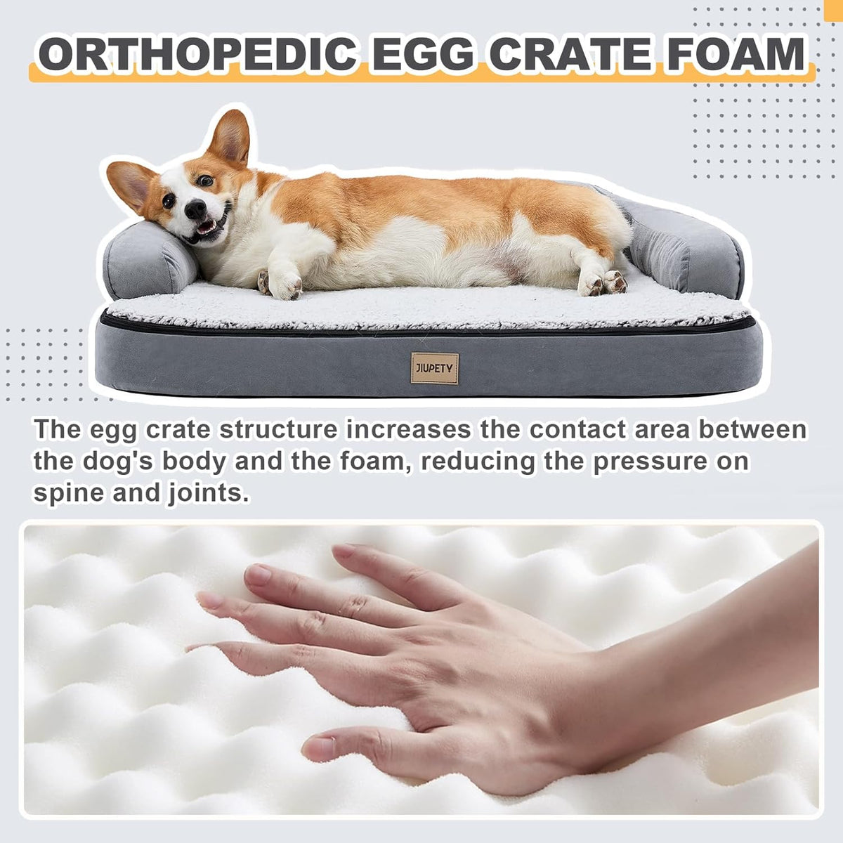 Jiupety Orthopedic Dog Bed for Large Dogs, Egg-Crate Foam Pet Couch Bed, Washable Pet Sofa with Removable Cover, Waterproof Lining and Anti-Slip Bottom, Grey, 35" x 25" x 7"
