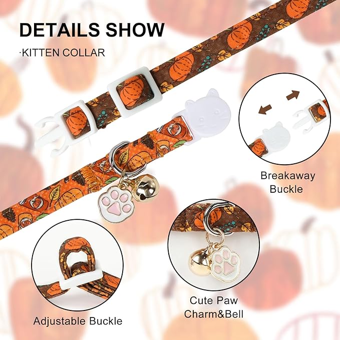 Unique Style Paws Pumpkin Kitten Collar,2 Pack Halloween Cat Collar with Bell & Cute Paw Pendant,Adjustable Orange Pumpkin Kitten Collars,Ideal Gift for Boy Girl Cats