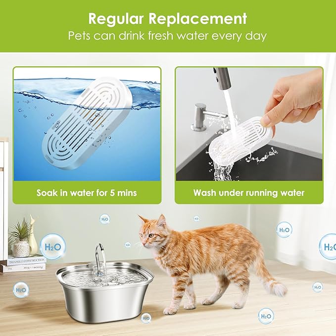 Cat Water Fountain Filters, 3 Pack Replacement Filters & Replacement Pre-Filter Sponges for Stainless Steel Pet Fountain with Water Level Window, Fountain Carbon Filters for Dog Water Dispenser Bowl