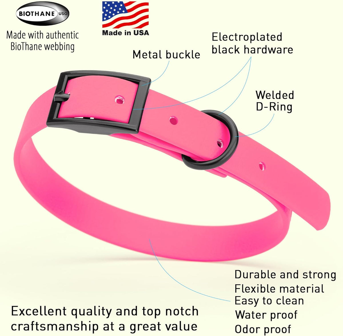 Dogline Biothane Waterproof Dog Collar Strong Coated Nylon Webbing with Black Hardware Odor- Proof for Easy Care Easy to Clean High Performance Fits Small Medium or Large Dogs, Passionfruit Pink