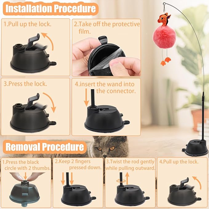 4-in-1 Interactive Cat Toys Set with Suction Cup Wand, Hanging Cat Toys, Fishing Pole Cat Wand & Kitten Balls- Includes Variety Replaceable Worms, Feathers for Indoor Bored Cats for Exercise