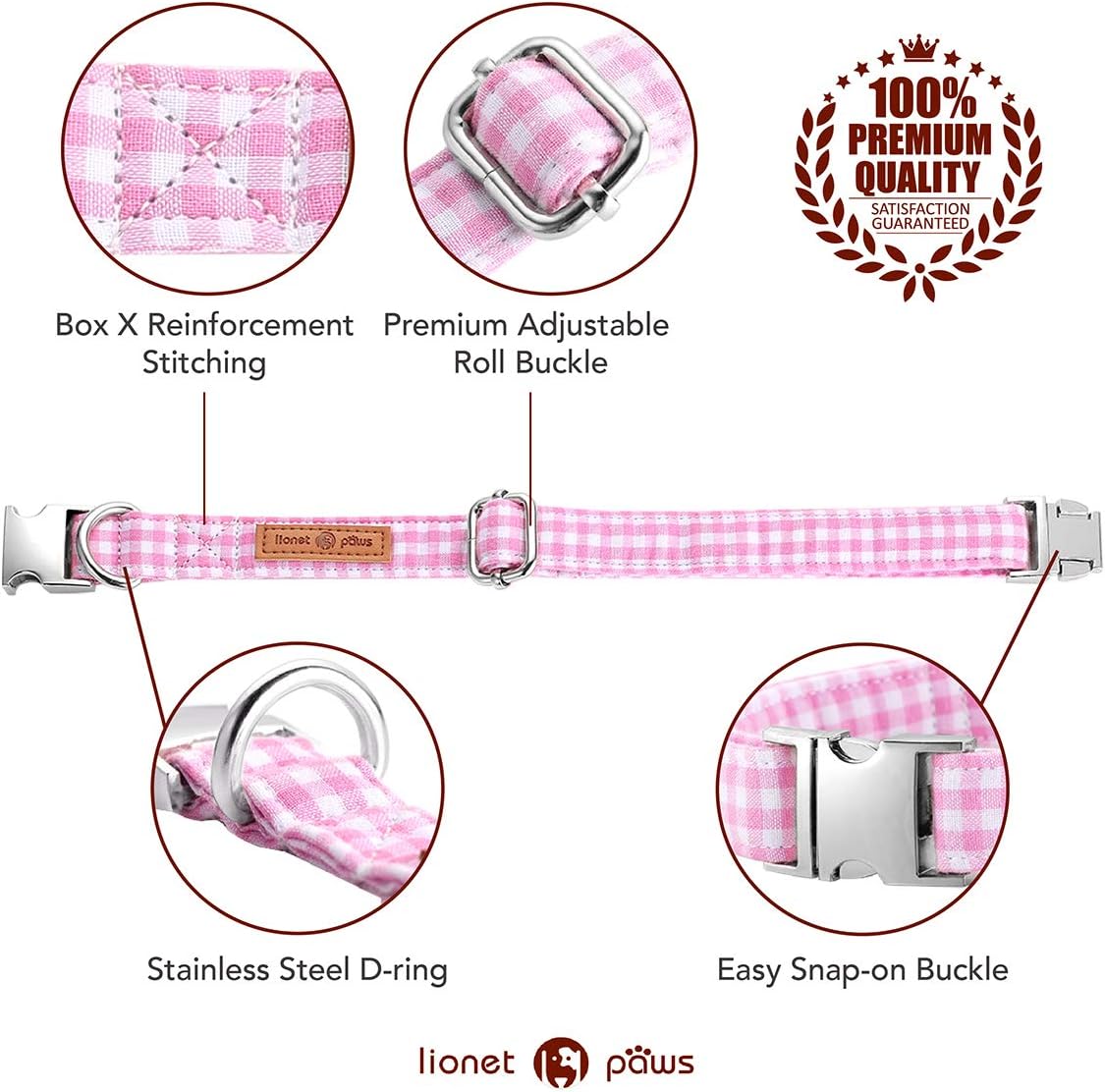 Lionet Paws Dog Collar with Bowtie, Comfortable Adjustable Cute Pink Gingham Bow Tie Collar for Female Dogs Gift, Small, Neck 10-16 inches