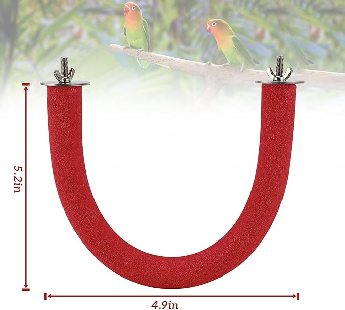 Rypet U Shape Parrot Perch Stand Toy for Paw Grinding Clean Stick Exercise, Rough-Surfaced Quartz Bird Perch Standing Cage Accessories for for Small Parakeets Cockatiels Conures Macaws Finches(Red)