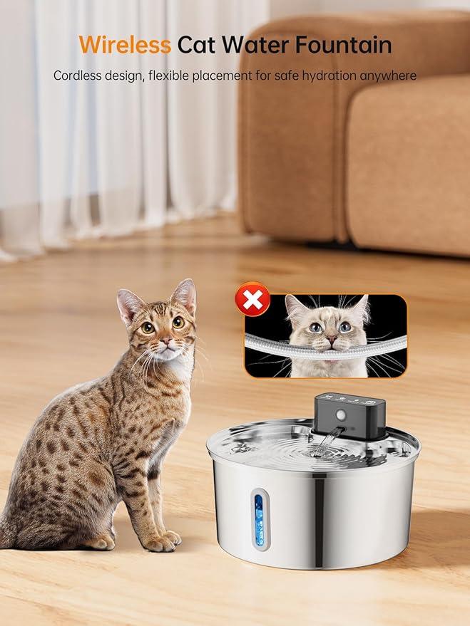 Wireless Cat Water Fountain, Stainless Steel Cordless Cat Fountain, 108OZ/3.2L Automatic Pet Water Fountain, 4000mAh Battery Operated Water Dispenser with Motion Sensor for Cats, Dogs Indoor Drinking