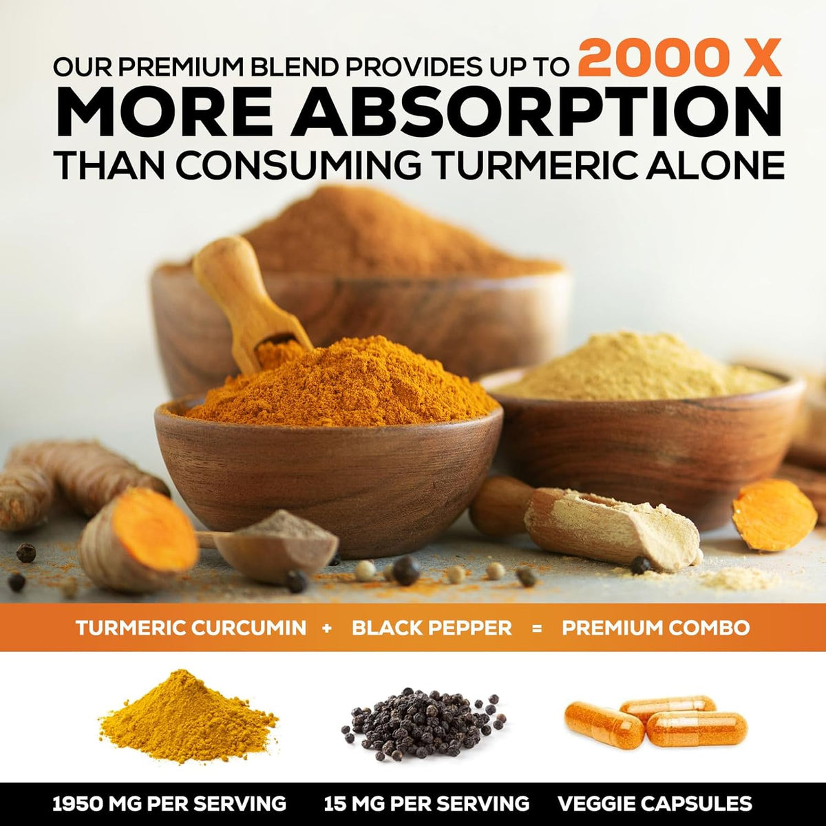 Turmeric Curcumin Supplement 1950mg - 95% Curcuminoids with Organic Turmeric & BioPerine Black Pepper Extract for Best Absorption, Nature's Vegan Joint Support, Non-GMO, Bottled in USA - 240 Capsules