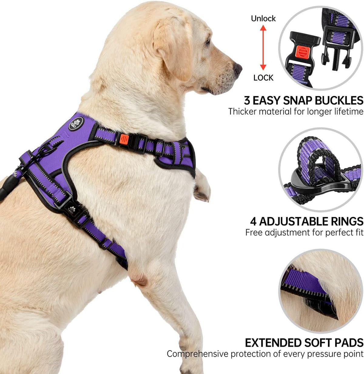 NESTROAD No Pull Dog Harness,Adjustable Oxford Dog Vest Harness with Leash,Reflective No-Choke Pet Harness with Easy Control Soft Handle for Large Dogs(X-Large,Purple)