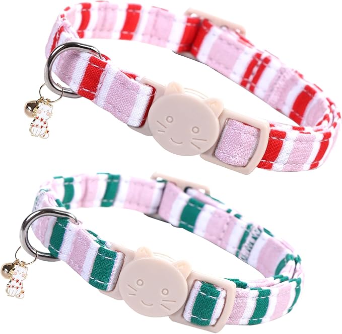 Elegant little tail 2 Pack Cat Collar-Pink Strip Cotton Breakaway Cat Collars with Bell Pendant Kitten Girl Cats Safety Adjustable Collar for Small Cats Puppy