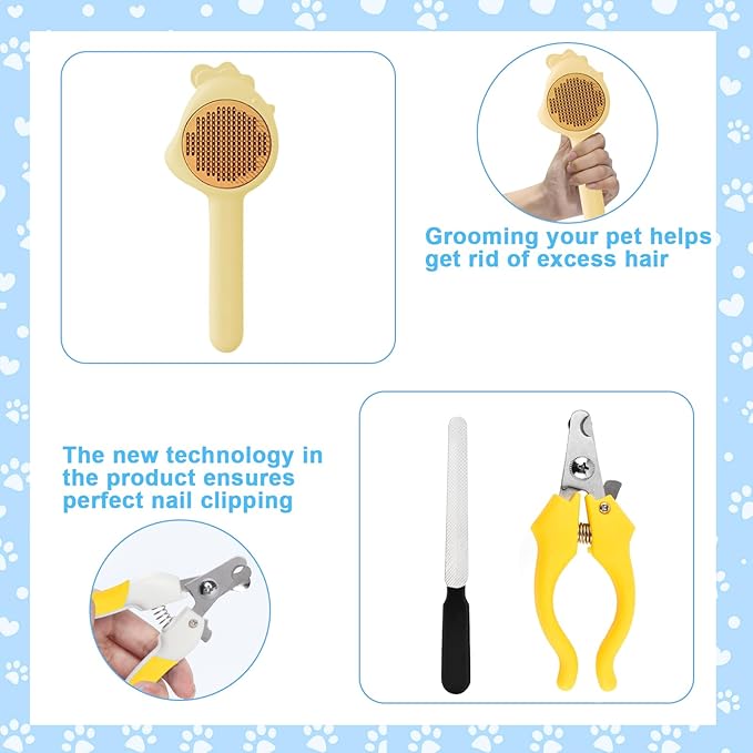 VCZONE 8 Pcs Cat Brush Grooming Kits, Pet Self Cleaning Kit with Pet Nail Clipper and File, Flea Comb, Pet Shampoo Bath Brush, Pet Shedding Brush, Silicone Toothbrush (Yellow)