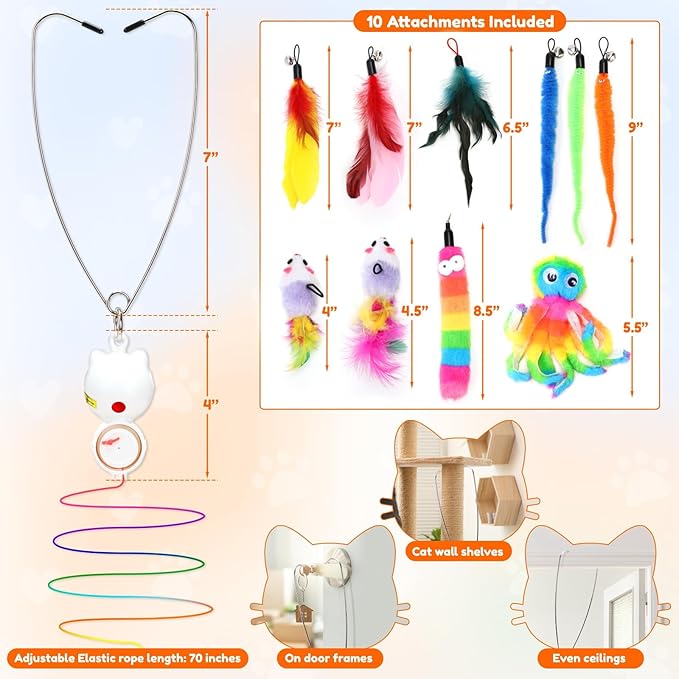 Interactive Cat Toys for Bored Indoor Cats Feather Toys Cat Enrichment for Bored Indoor Adult Cats Kittens-Enhanced with 10 Attachments Mice Rechargeable Auto-Swinging 3in1 Door-Mounted Cat Toy