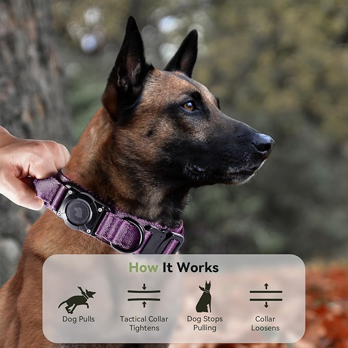 2025 Upgrade Waterproof AirTag Dog Collar, Military Tactical Dog Collar with AirTag Holder, Comfortable Control Handle and Metal Buckle, GPS Dog Collar Holder for Medium to Large Dogs (Purple, XL)