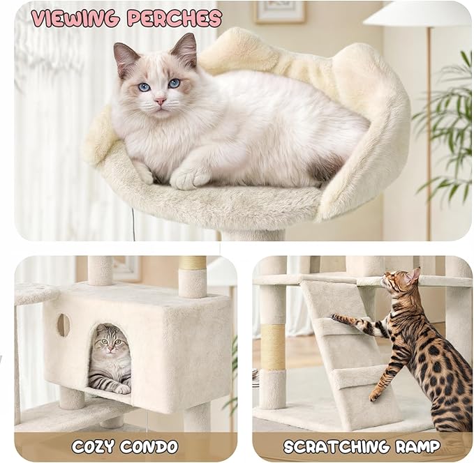 MoNiBloom 77 Inch Cat Tree Tower for Indoor Cats Large Adults, Tall Cat Tower with Scratching Post, Multi-Level Furniture Activity Center with Cat Condo Pet Play House, Beige