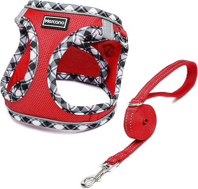 Mercano Soft Mesh Dog Harness and Leash Set, No-Chock Step-in Reflective Breathable Lightweight Easy Walk Vest Harnesses with Safety Buckle for Small Dogs, Cats (Red, XS)