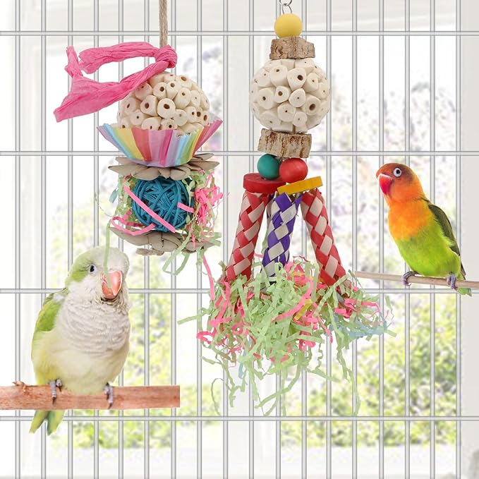 Wontee Bird Toys Colorful Shredding Crinkles Foraging Toys Natural Sola Ball for Parrots Cockatiels Conures Parakeets Budgies Senegal (Sola Ball (2 Pack))