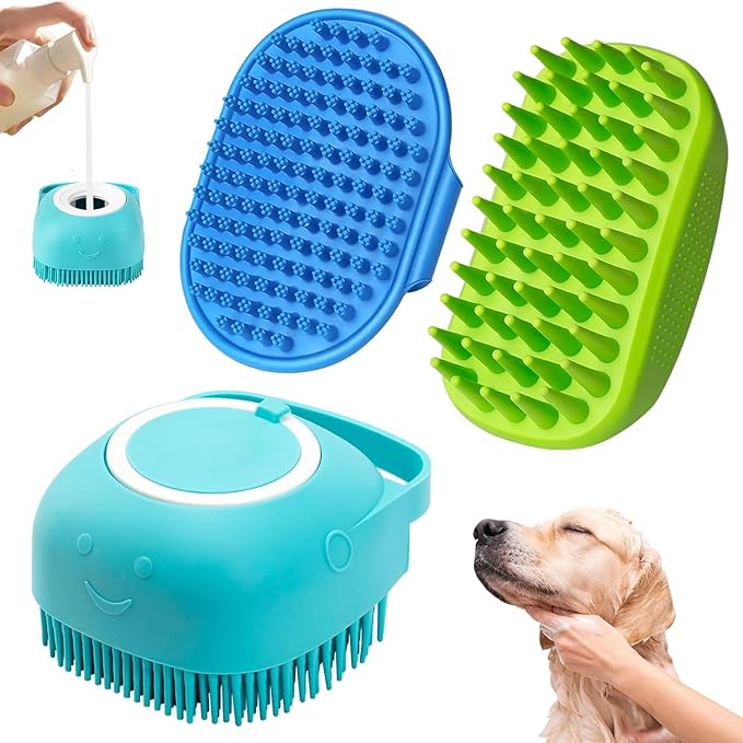 Comotech 3PCS Dog Bath Brush | Dog Shower/Washing Brush with Adjustable Ring Handle for Short & Long Hair(Blue Blue Green)
