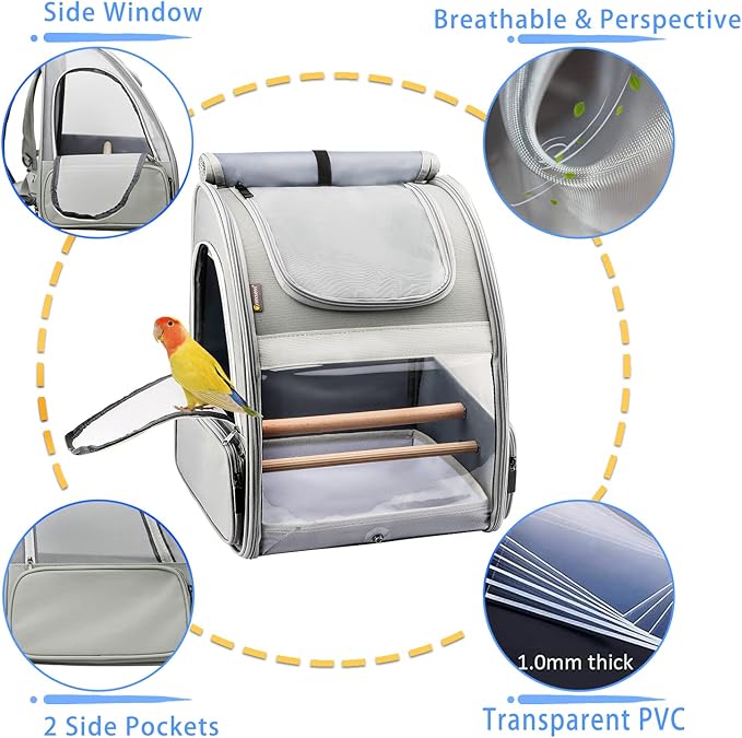 Texsens Bird Carrier Backpack - Pet Travel Cage with Upgraded Tray and Standing Perches, Breathable & Portable, for Small Birds, Green Cheek, Cockatiel, Parrot (Grey)