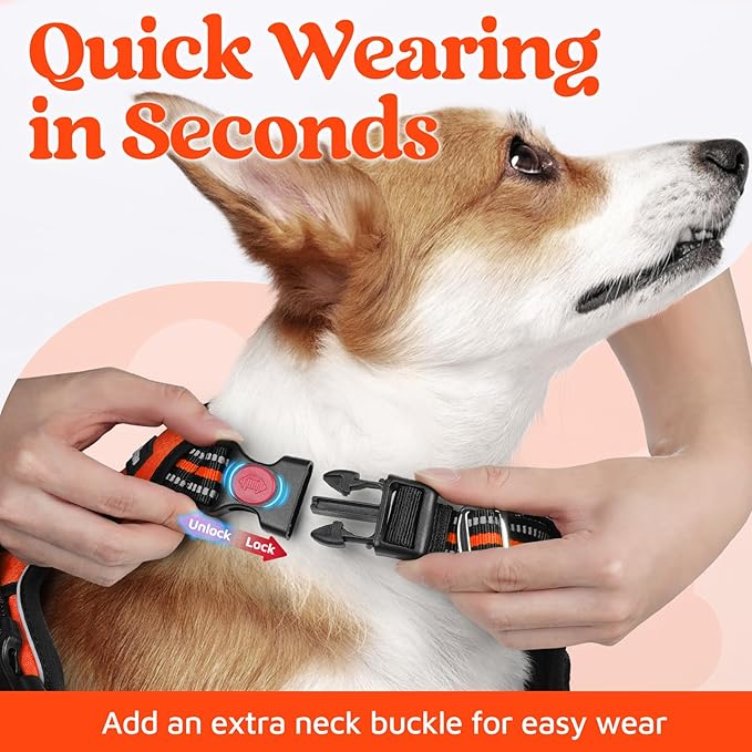 rabbitgoo Dog Harness Medium Sized, No Pull Dog Vest with 3 Buckles, Adjustable Soft Padded Pet Harness with Easy Control Handle and Reflective Strips, Orange, M
