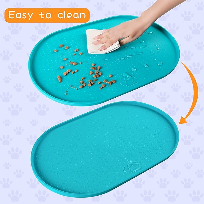 100% Waterproof 0.5" Raised Edge BPA Free Silicone Dog Food Mat, Pet Cat Feeding Mats Contain Spills Protects Floors, Placemats for Cats and Dogs Water Bowl Dishwasher. (Small, Teal)