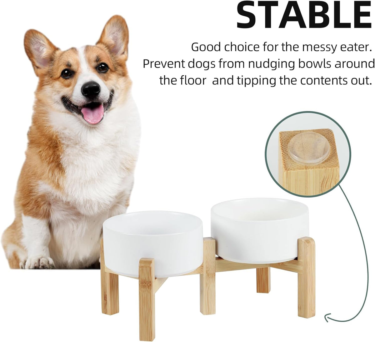 Ceramic Raised Double Bowls Set with Stand, 2 Heights Elevated, Food & Water Bowls for Small Breed Dogs, Weighted Dog Dishes, Pet Bowl(6.1'',28.7oz, White)