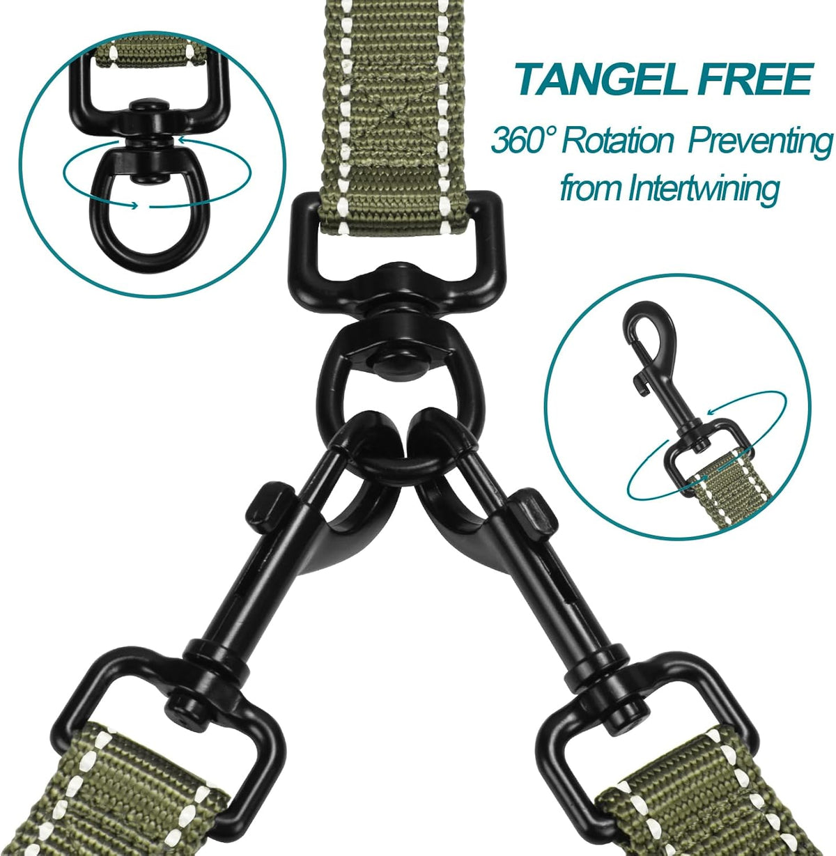 PetBonus Double Dog Leash, No Tangle Dual Leash, Reflective Walking Training Lead, 4 Comfortable Padded Handles for 2 Dogs with Collapsible Bowl and Waste Bags (Army Green, Large)