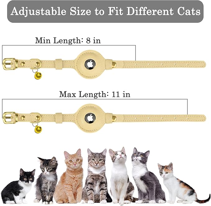 OOPSDOGGY Leather AirTag Cat Collar with Bell - Non Breakaway Kitten Collar with Apple Air Tag Holder - Lightweight GPS Pet Collars for Girl Boy Cats, Small Dogs, Puppies (Beige)