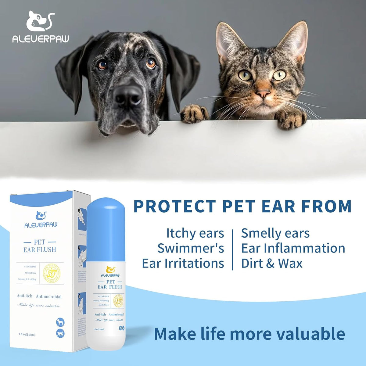 Tris Flush Cat & Dog Ear Cleaner - Dog Ear Infection Treatment with PHMB, Removes Wax, Odo, Gentle & Hypoallergenic, with 20 Cotton Qtips, 4 Fl oz