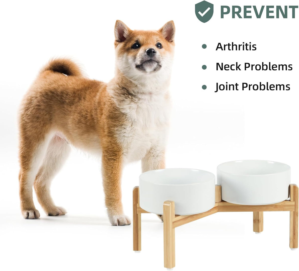 Ceramic Raised Double Bowls Set with Stand, Food & Water Bowls for Medium Breed Dogs, Weighted Dog Dishes, Pet Bowl(7.3'',41OZ, White)