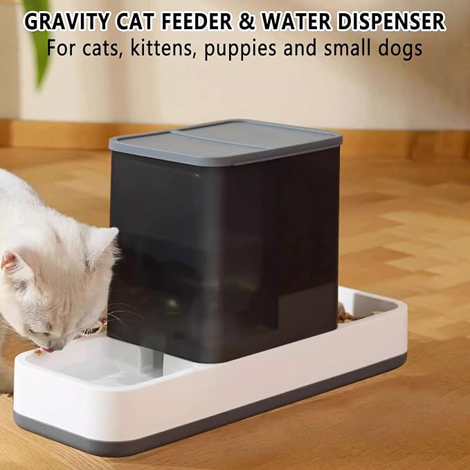 kathson Gravity Cat Food and Water Dispenser Automatic Dog Feeder Waterer 2 in 1 Auto Pet Food and Water Bowl Set Self Feeding for Puppy Kitten，Grey