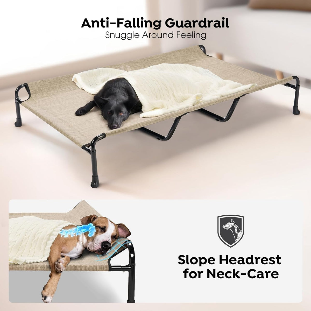 Veehoo Portable Elevated Dog Cot, 59" x 37" Extra Large Raised Cot for Large Dogs, With Breathable Mesh & Non-Slip Feet, Suitable for Outdoors & Camping, Beige & Coffee