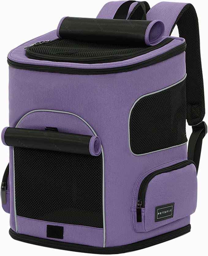 PETSFIT Dog Backpack Carrier with Upgraded Waist Protection, Pet Carrier Backpack Designed for Small Dogs/Cats, Fully Ventilated Collapsible Cat Backpack for Outdoor Traveling Hiking Camping Purple