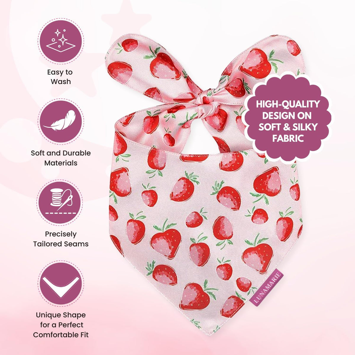 LunaMarie - Luxury Dog Bandanas - Cute Unique Designs | Premium & Silky Poly Fabric | 100% Handmade Custom Shape Dual Layered Small, Medium, Large Cat Scarf (Strawberry, Medium)