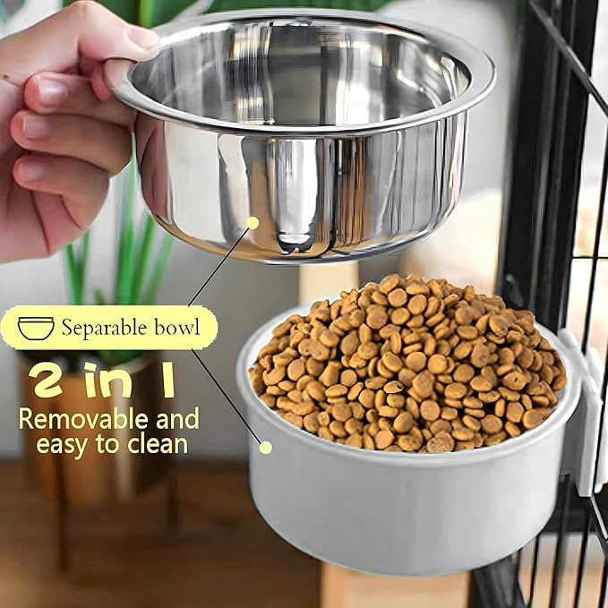 Hamiledyi 2-Pack Hanging Dog Bowls with Removable Stainless Steel Feeder - Spill-Proof Crate Bowls for Kennel/Cage, Puppy to Medium Dogs, Cats, Rabbits & Guinea Pigs (Durable Pet Food & Water Dishes)