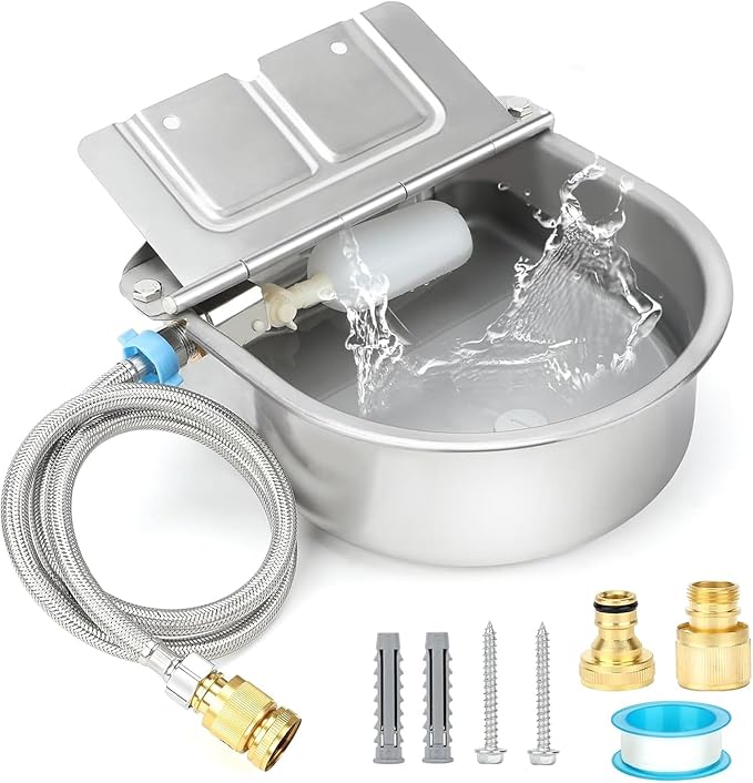 FHTONGE 304 Stainless Steel Automatic Dog Water Bowl Dispenser with Drainage and Float Valves, Large Auto Fill Dog Waterer for Outdoor Big Dogs Livestock Poultry Horse Cow Goat Pig Chicken Duck Rabbit
