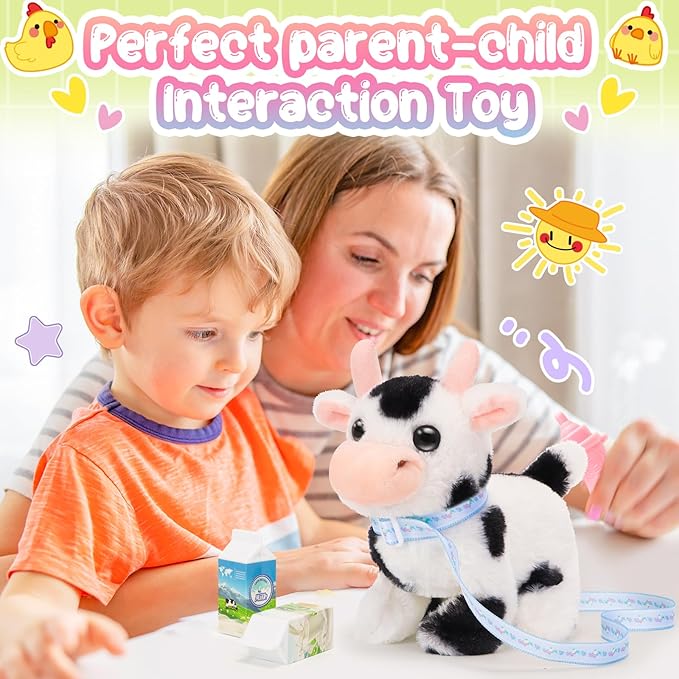 Tagitary Plush Toys Interactive Toys Cow for Kids,Walking Pet Toys Can Make Sounds,Wag Tail and Nod Head, Realistic Stuffed Cattle Toys Birthday Gift for Kids Toddlers