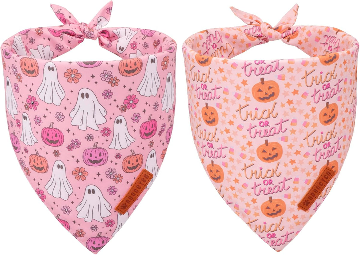 ADOGGYGO Halloween Dog Bandana, Pink Pumpkin Ghost Scarf, Adjustable Fit Female Halloween Bandanas for Large X-Large Dogs Pets (X-Large)