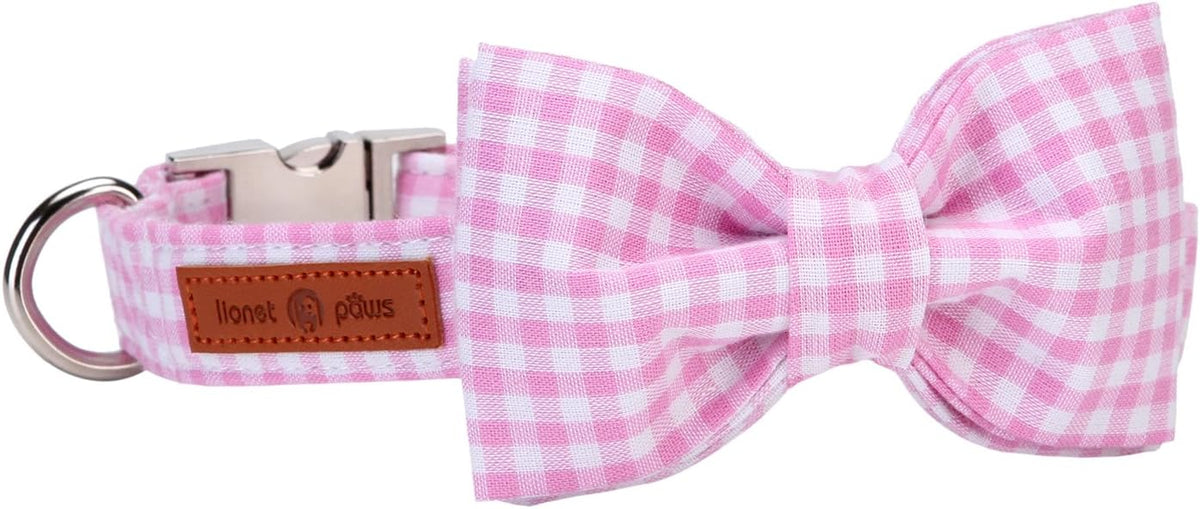 Lionet Paws Dog Collar with Bowtie, Comfortable Adjustable Cute Pink Gingham Bow Tie Collar for Female Dogs Gift, Small, Neck 10-16 inches