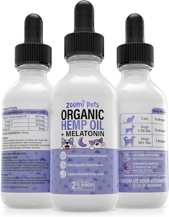 Melatonin + Organic Calming Hemp Oil for Dogs Anxiety and Stress Relief - Calming Drops Pet Hemp Oil for Dogs & Cats - Hip and Joint Support Supplement for Dogs Pain Management (2oz)