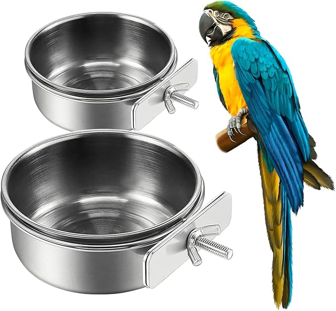 2Pcs Stainless Steel Bird Feeding Bowls, Small Bird Feeding Cup, Stainless Steel Parrot Food Bowl Cage with Holder, Parrot Cage Water Feeder, Pet Cage Cup Holder (Dia 4.72", 5.51",)