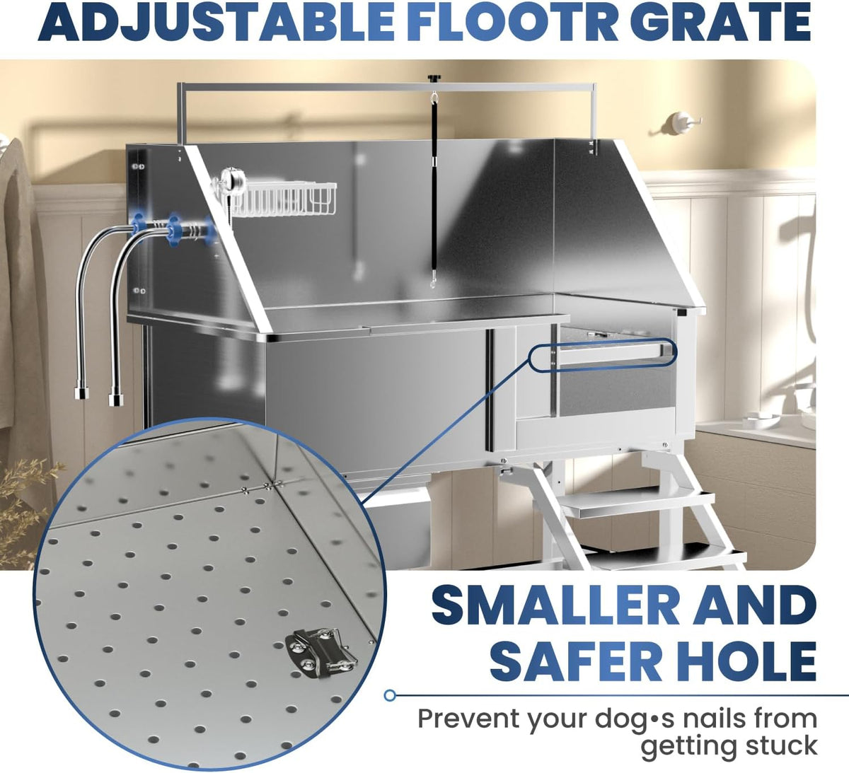Professional 46" Dog Washing Station, Stainless Steel Dog Bathing Station, Height Adjustable Dog Wash Station, Storage Drawer, Upgrade Parts, Home, Commercial (Right Step)