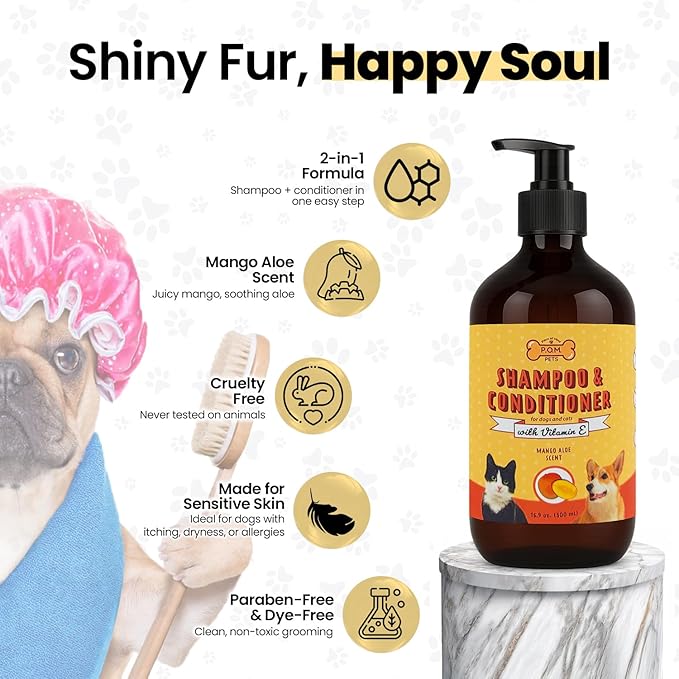 POM Pets 2-in-1 Organic Dog Shampoo & Conditioner – Itchy Skin Relief, Dog Deshedding, Detangles Fur, Cat Shampoo, Paw Cleaner for Dogs, Natural Coat Defense Formula