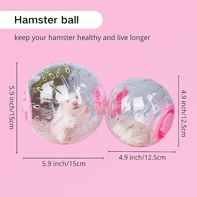 5.9" Hamster Wheel, Exercise Ball & Wheel - Silent Running Toy with Anti-Skid, Transparent Hamster Ball, Breathable Design & Rope for Easy Carry, for Little/Dwarf Mouse, Pink