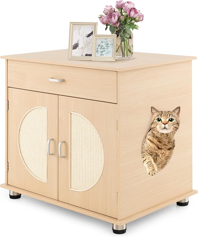 Tangkula Litter Box Enclosure, Hidden Cat Washroom with Drawer, Sisal Scratching Doors, Adjustable Metal Feet, Modern Cat Litter Cabinet Storage Bench, Double Enclosed Litter Box Furniture