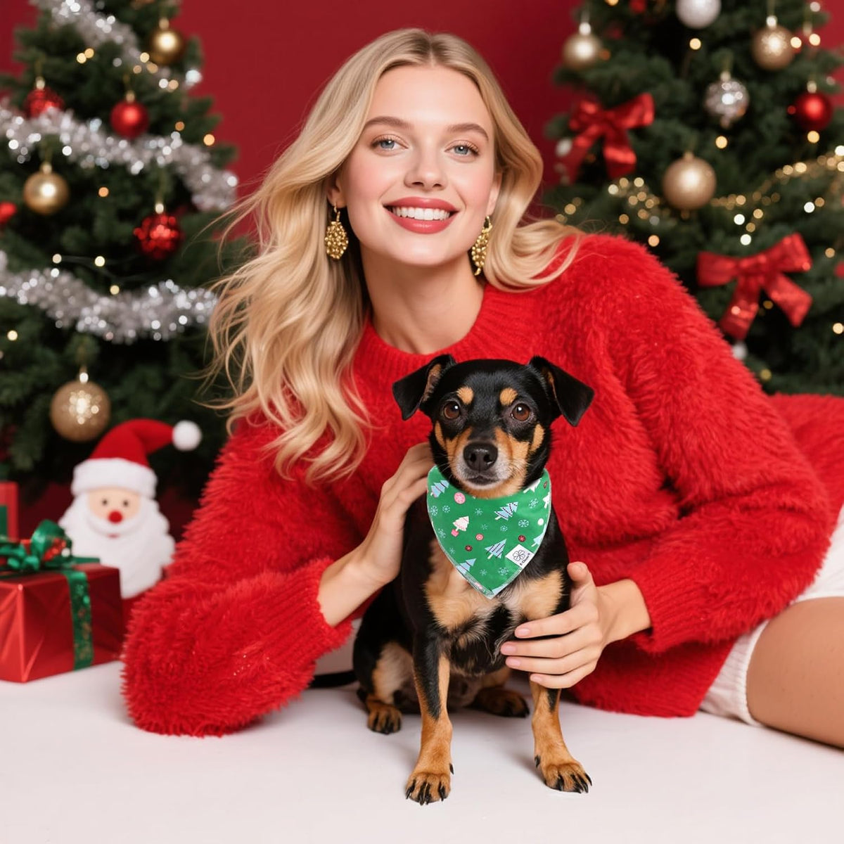 E-Clover Christmas Dog Bandanas Winter Scarf for Dog Boy Girl Christmas Tree Costumes Accessories for Medium Large Dogs Green Red